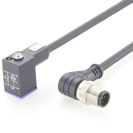 Right Angle M12 to DIN Form C Solenoid Valve Connector Cable with LED