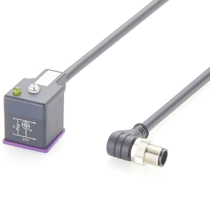 Right Angle M12 to DIN Form A Solenoid Valve Adapter Cable 3 Pole with LED