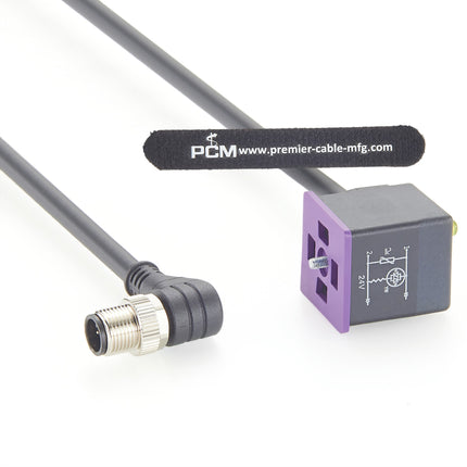 Right Angle M12 to DIN Form A Solenoid Valve Adapter Cable 3 Pole with LED