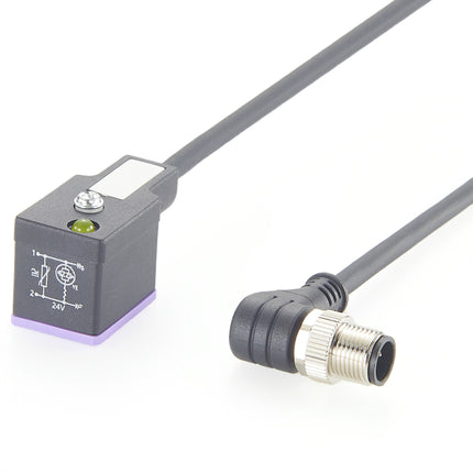Right Angle M12 to DIN Form B 10mm Solenoid Valve Cable with LED