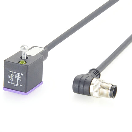Right Angle M12 to DIN Form B 11mm Solenoid Valve Cable with LED