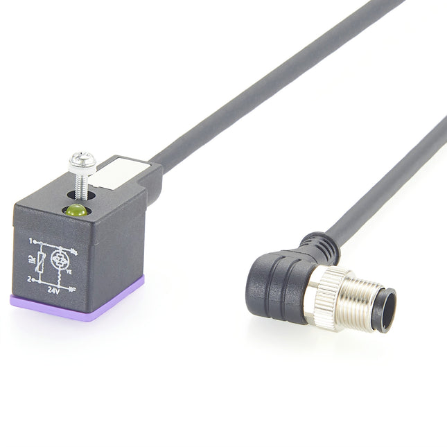 Right Angle M12 to DIN Form B 11mm Solenoid Valve Cable with LED
