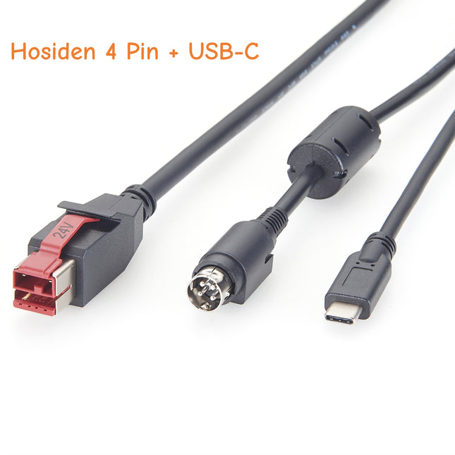 24V Powered USB Printer Cable to Hosiden 4 Pin + USB-C
