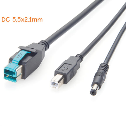 Powered USB Printer Cable 12V to USB-B + DC5521