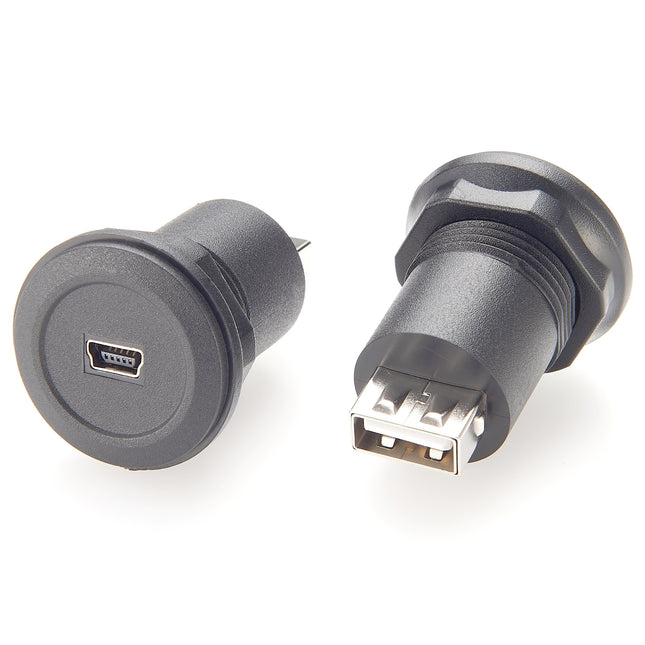 USB Mini B Jack to USB A Jack Round Panel Mount Adapter