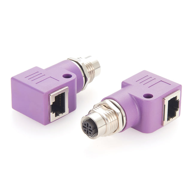 M12 D Code to RJ45 Panel Feed Through Adapter Right Angle