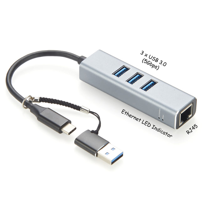 USB-A USB-C to 3-Port USB3.0 Hub with Ethernet Adapter