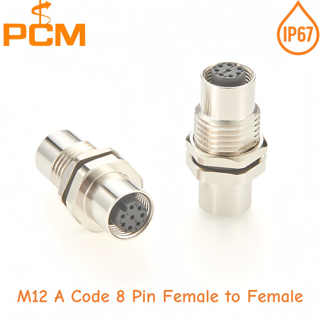 M12 Feed Through Connector IP67 M12 A Code 8 Pin Female to Female Panel Chassis Mount Connector for Industrial Sensors Actuators