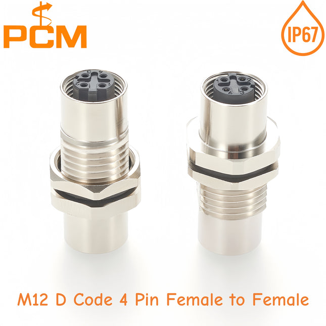 M12 4 Pin D Coded Ethernet Bulkhead Panel Mount Connector M12 Profinet Feedthrough Connector, IP67, Shielded, Cat5, 100Mbps