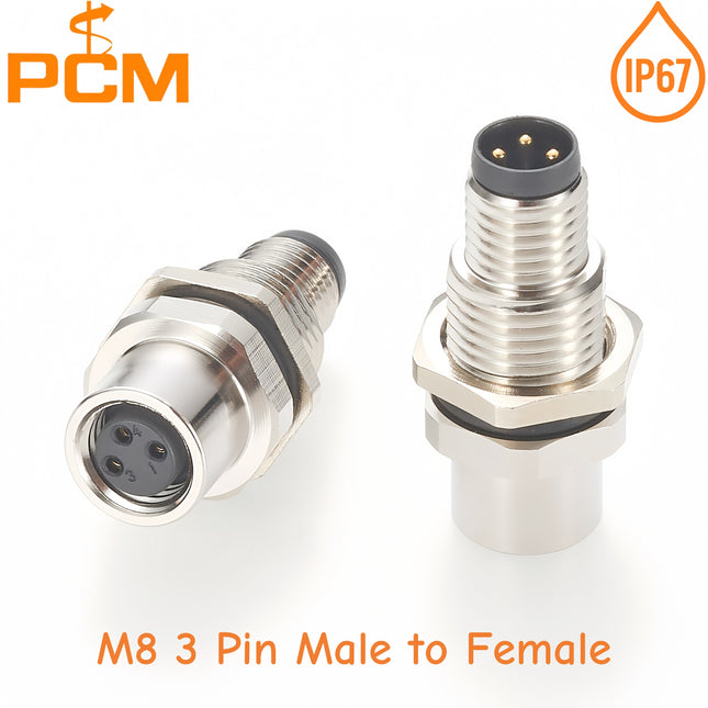 M8 3 Pin Male to Female Bulkhead Connector IP67 Waterproof Shielded M8 Front Rear Panel Mount Connector Feed Through Adapter