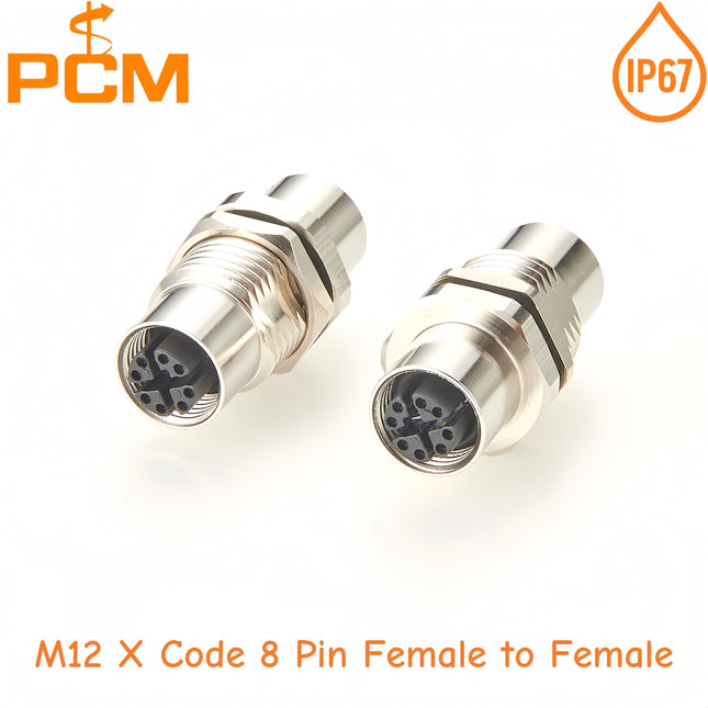 M12 8 Position X-Code Female to Female Bulkhead Connector for 10Gbps Gigabit Ethernet IP67 M12 Feedthrough Panel Mount Connector