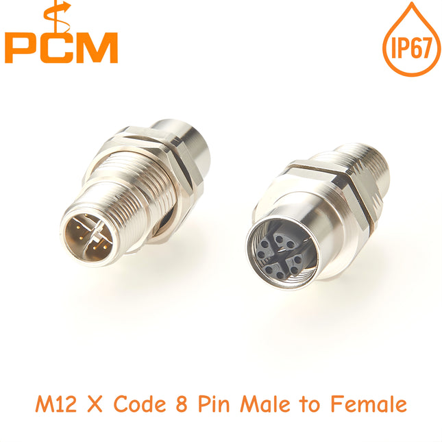Waterproof M12 X Code 8 Pin Male to Female Shielded Panel Mount Connector 10Gbps M12 X-Coded Ethernet Bulkhead Connector, CAT6A