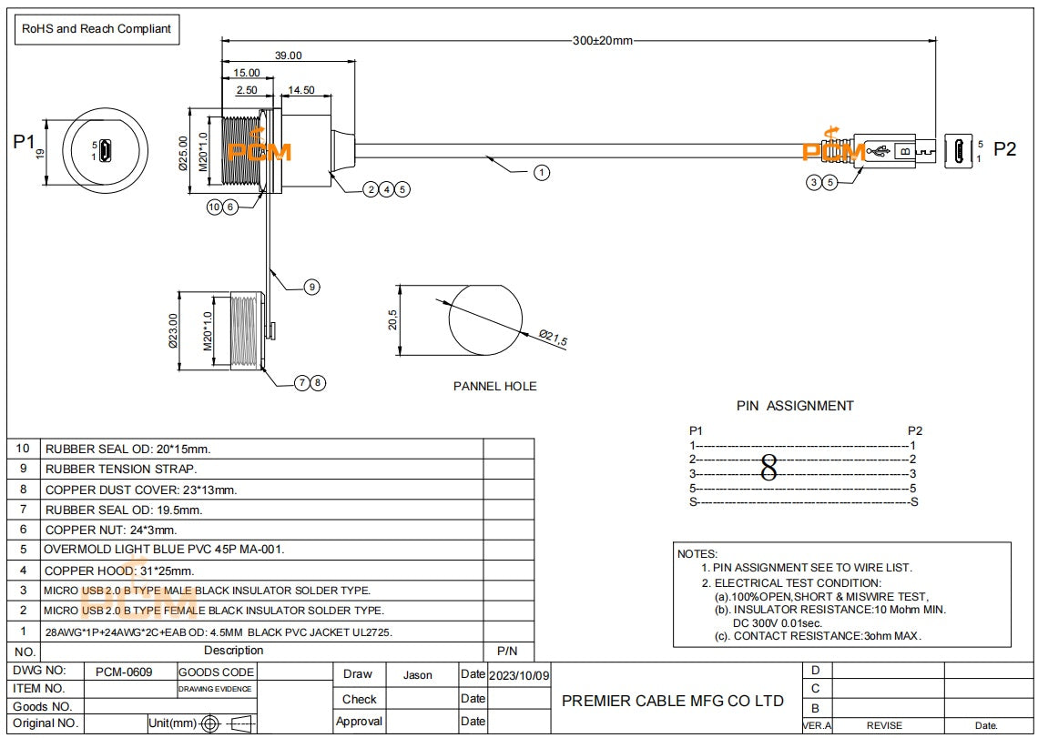 IP67 Rugged Panel Mount Micro USB Extension Cable