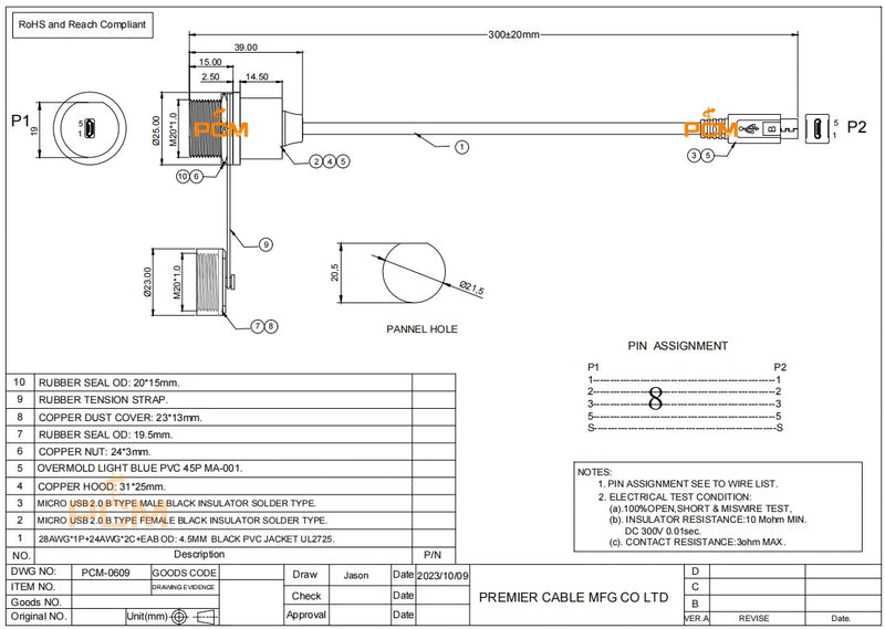 IP67 Rugged Panel Mount Micro USB Extension Cable图纸1