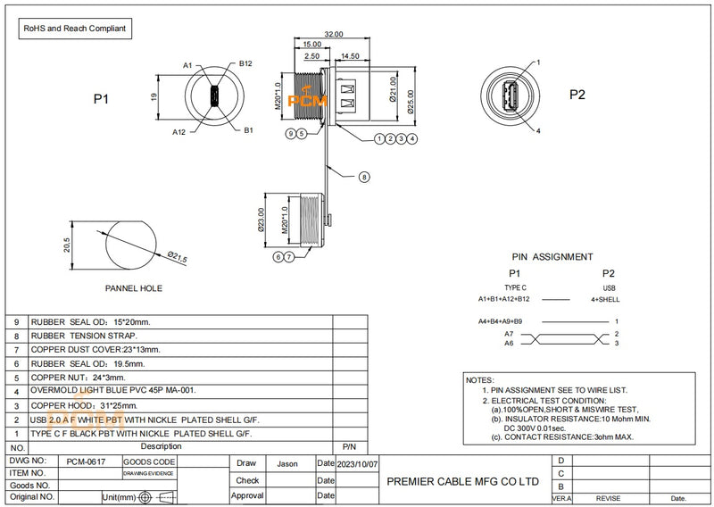 IP-Rated Rugged USB Connector USB 2.0 A to USB 3.1 C图纸1