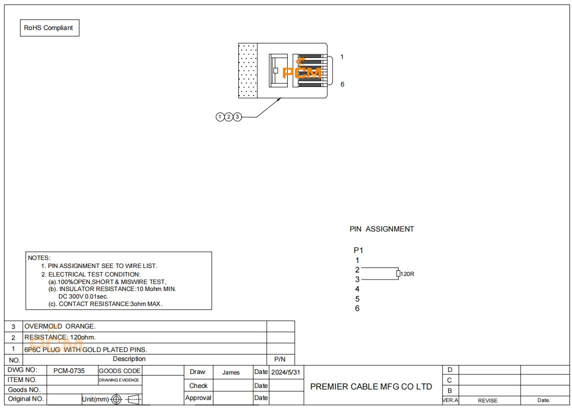 RJ12 6P6C Termination Resistor 120 Ohm