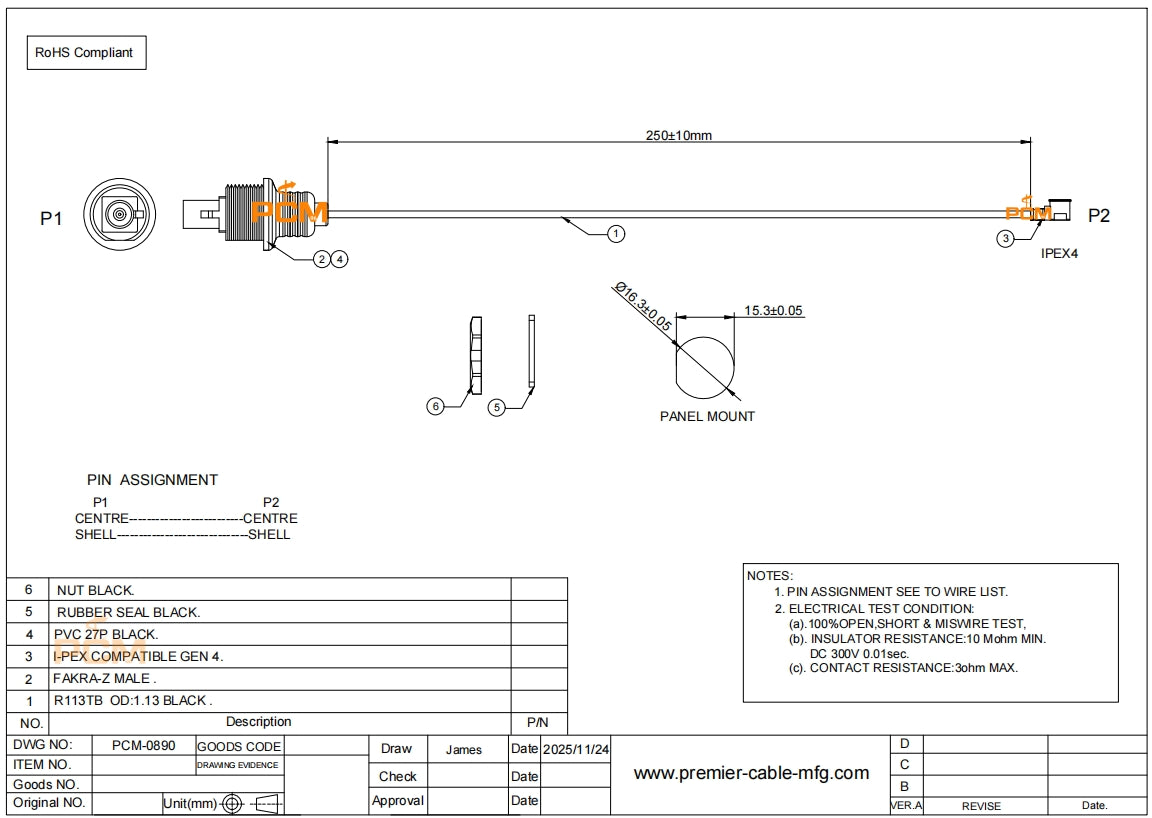 IPEX to FAKRA Bulkhead Mount RF Cable Assembly