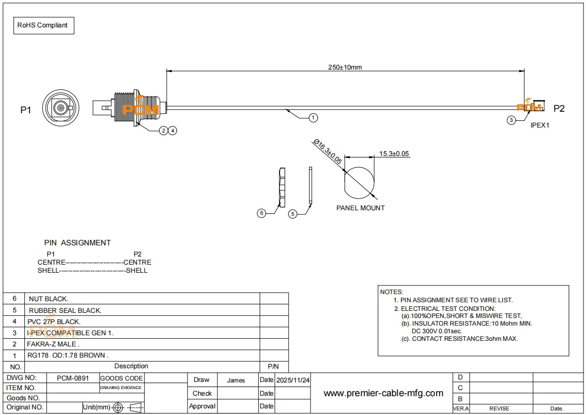 Panel Mount FAKRA to I-PEX RF Coaxial Cable
