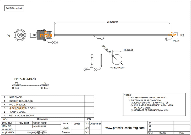 Panel Mount FAKRA to I-PEX RF Coaxial Cable图纸1