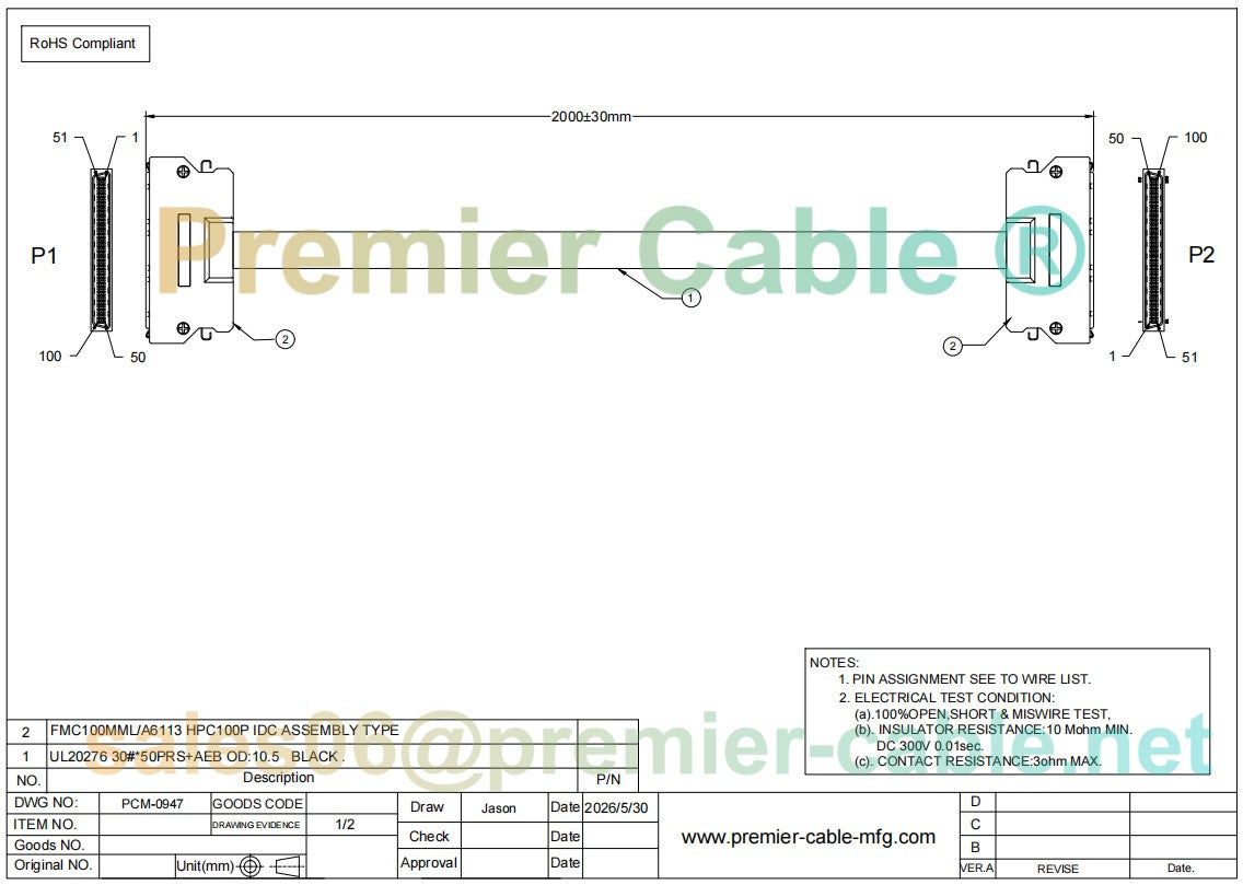 HPCN 100 Pin SCSI Cable Assembly