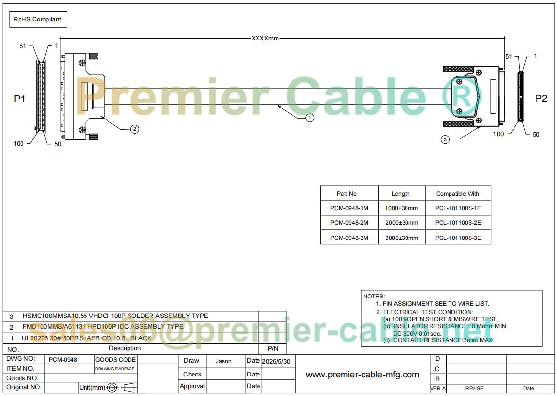 VHDCI 100 Pin to HPDB 100 Pin SCSI Cable