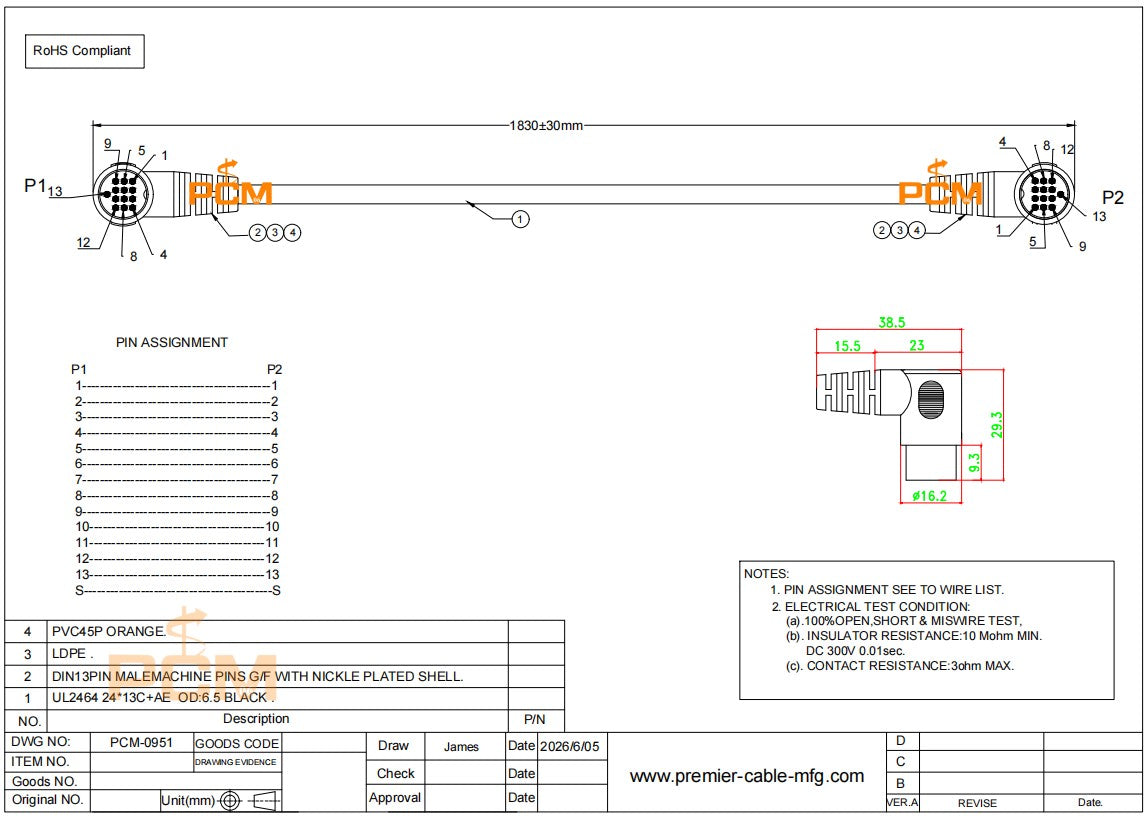 Right Angle MIDI DIN 13 Pin Cable