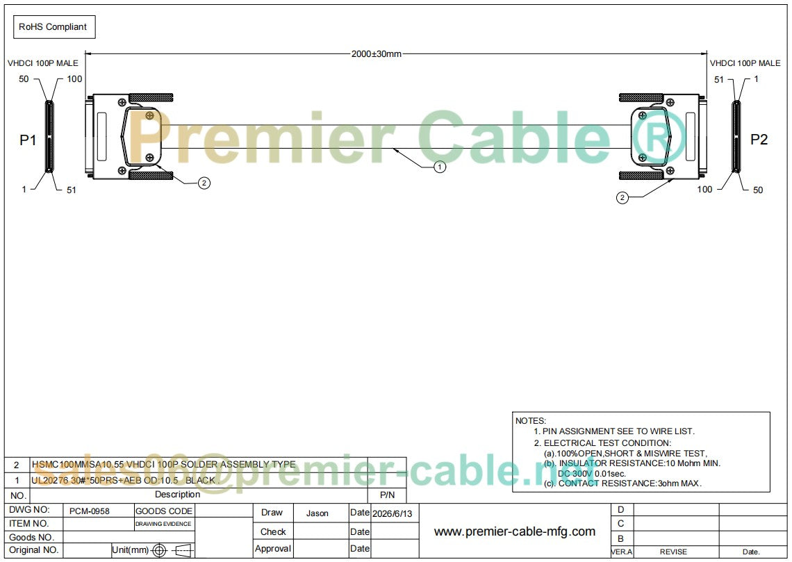 SCSI VHDCI 100 Pin Male to Male Cable