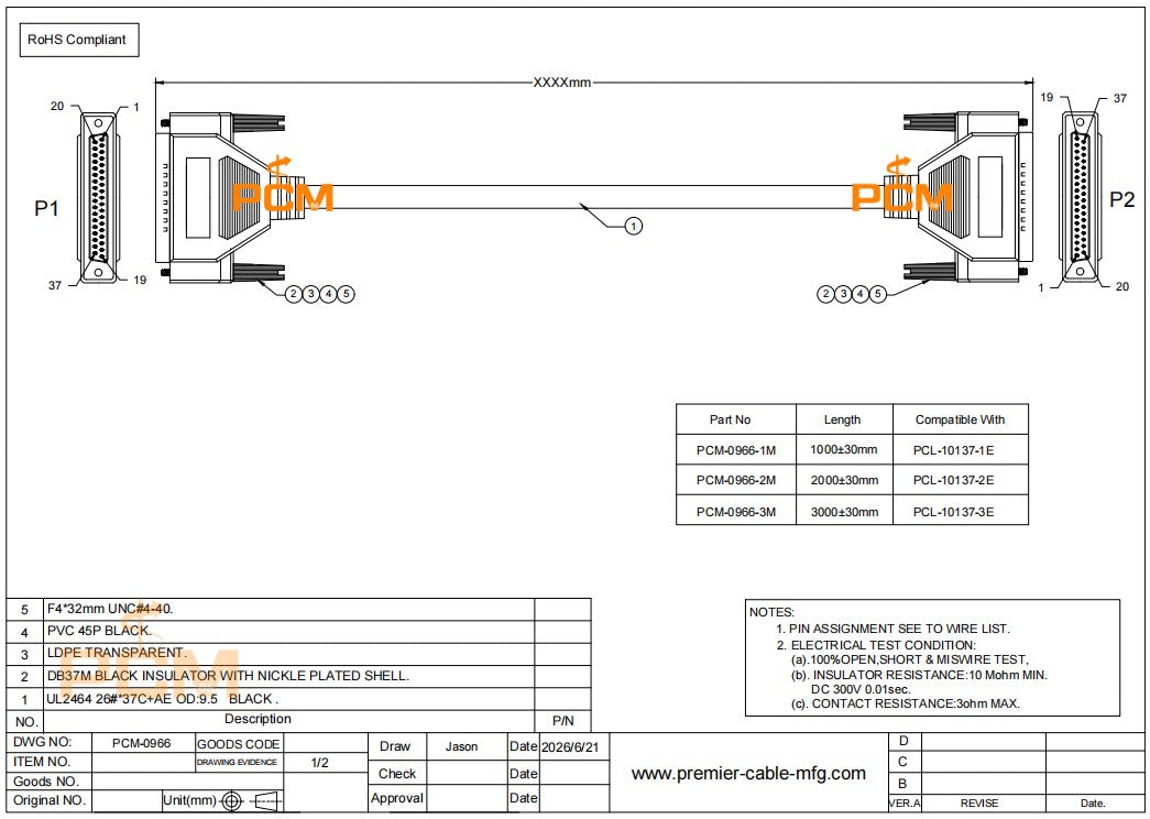 DB37 Shielded Cable Compatible PCL-10137