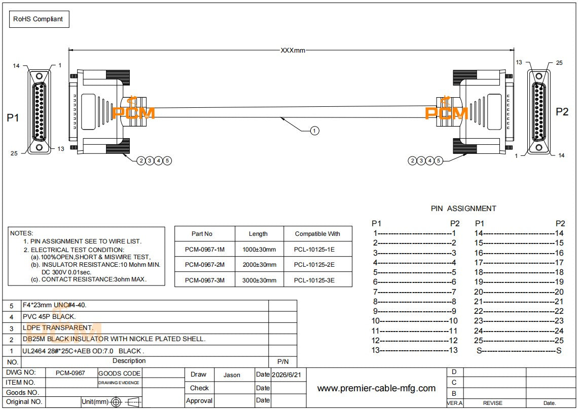 DB25 Cable Assembly Compatible PCL-10125