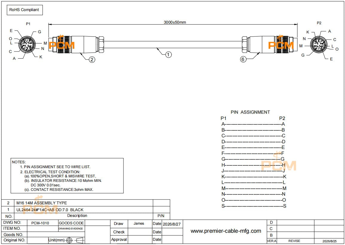 M16 14 Pin Cable for Domino V-Series Printer To I/O Box 3D Laser Profiler Sensor