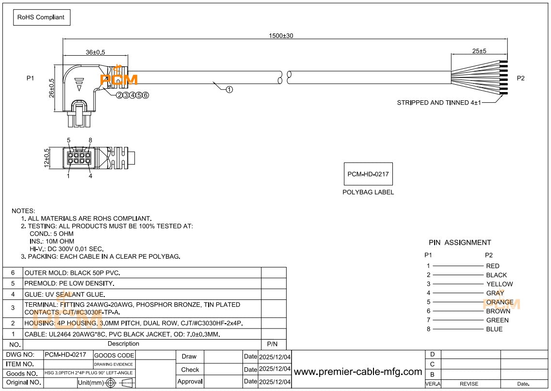 90 Degree Left Angled Micro-Fit 3.0 Cable Assembly 8 Pin