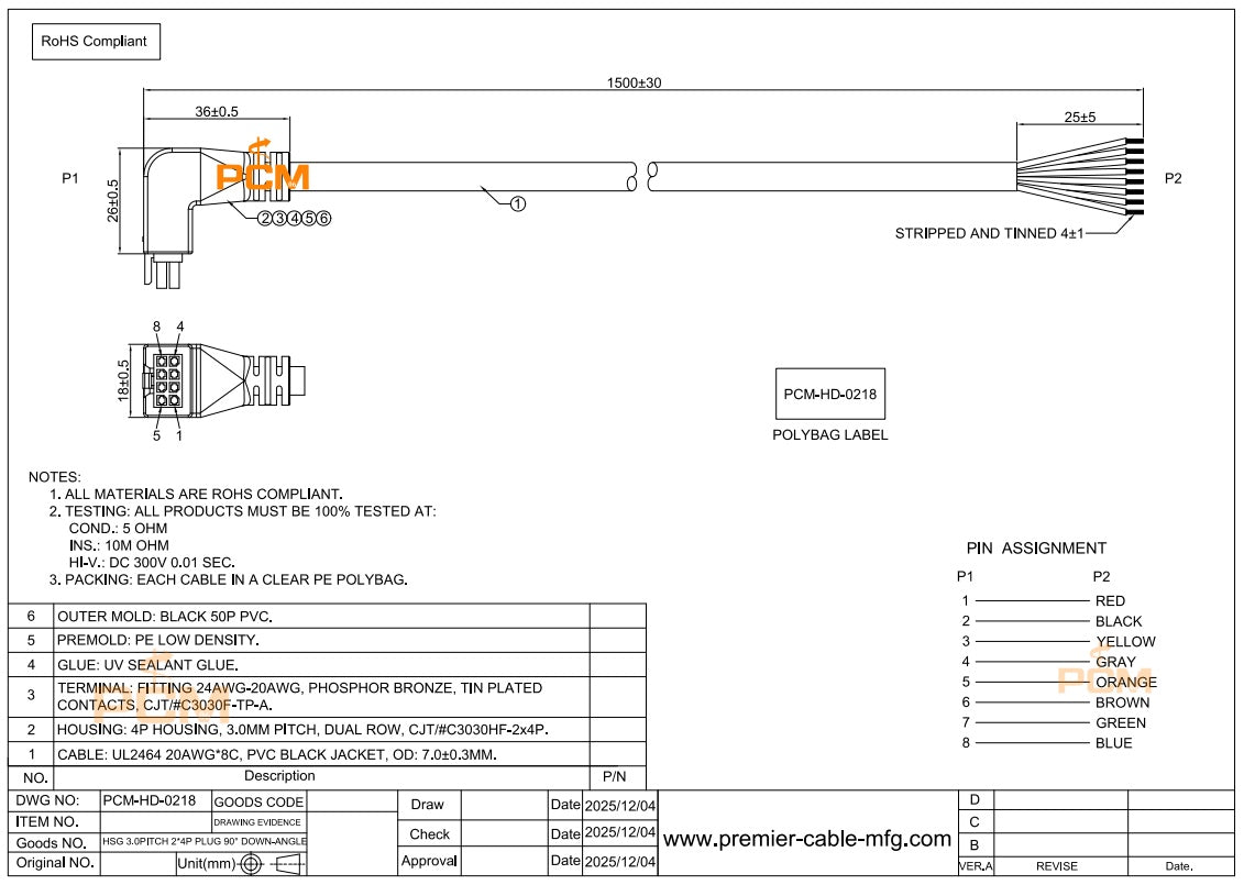 Up Angled Micro-Fit 3.0 8 Pin Overmolded Cable Assembly