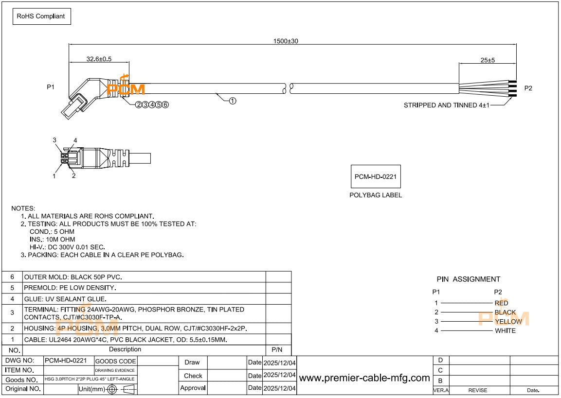 45° Left Angle 4 Pin Micro-Fit 3.0 Power & Signal Cable