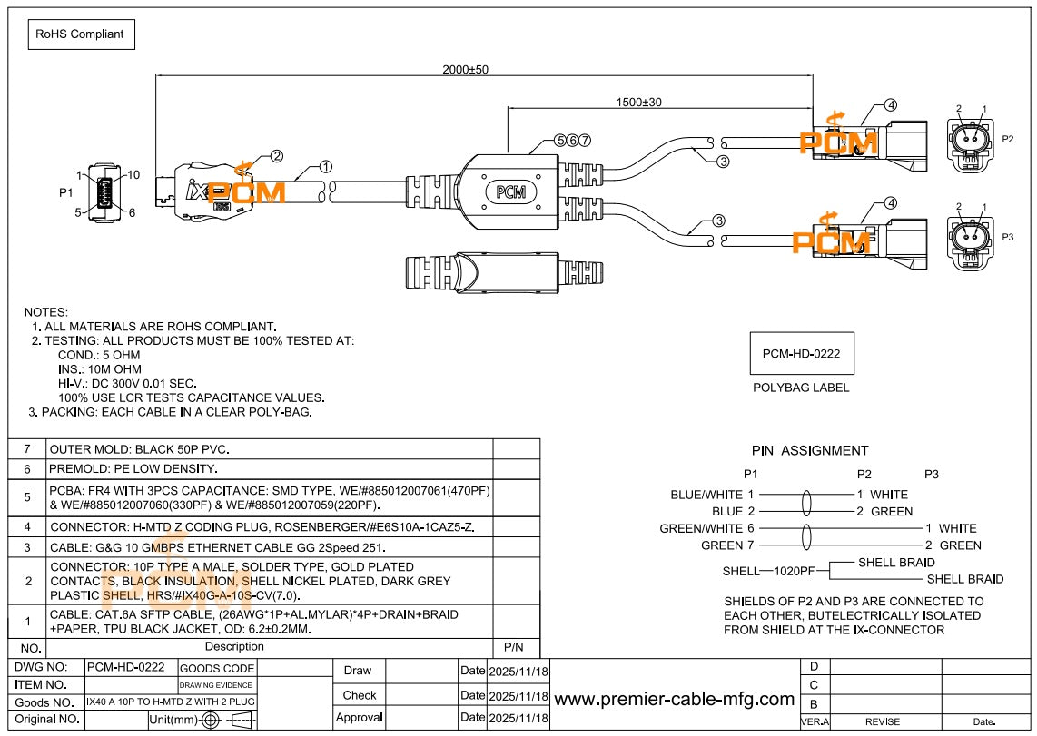 AEcable2Y Automotive Ethernet Cable with H-MTD Connectors