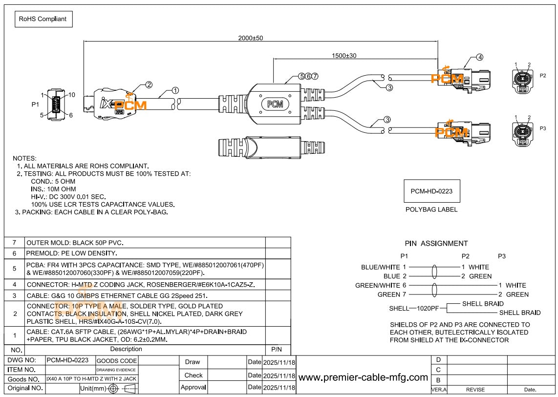 IX to Dual H-MTD Automotive Ethernet Cable