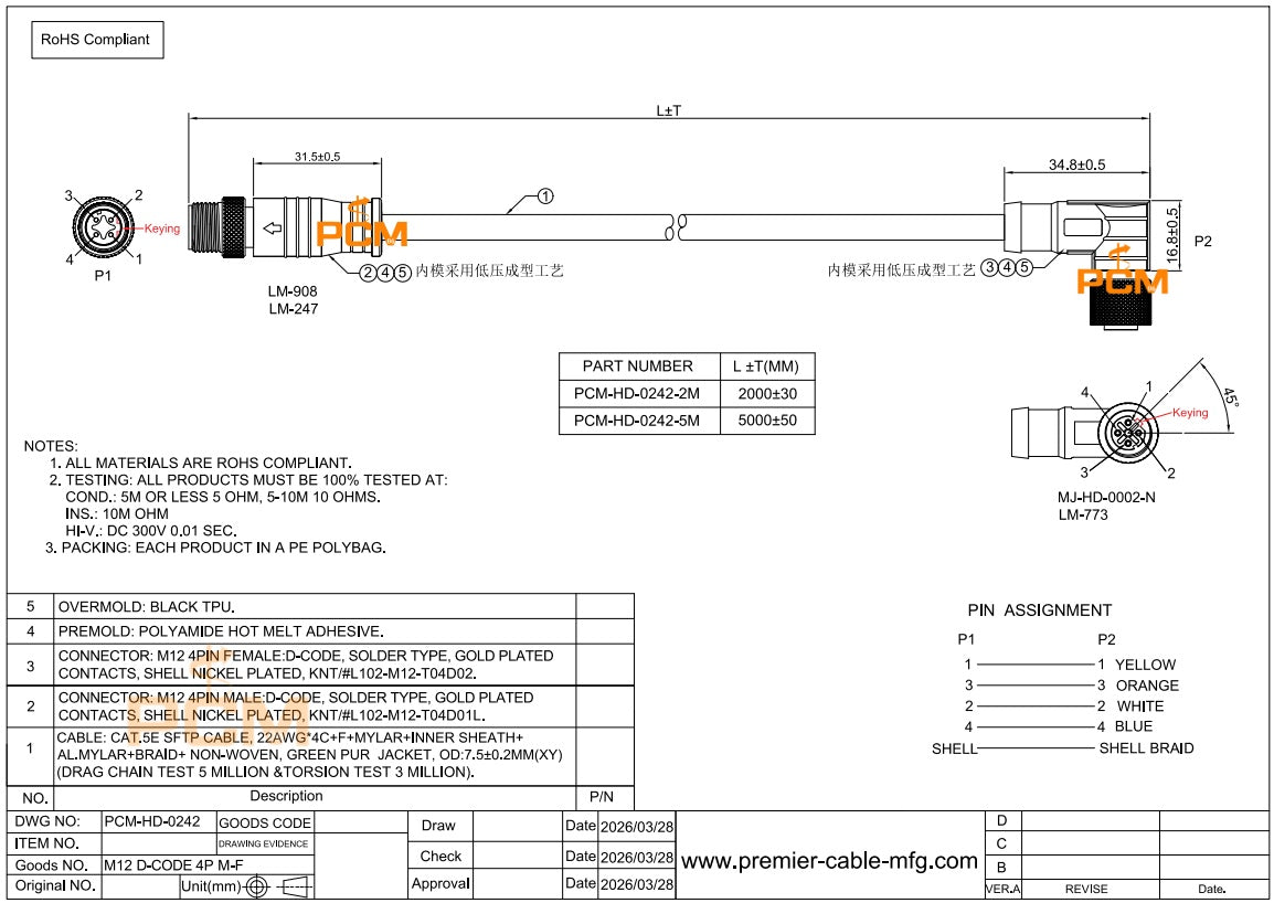 M12 Profinet Cable Male to Female Right Angle