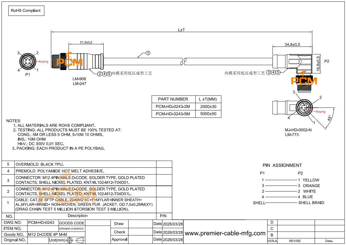 M12 Profinet Cable Male to Male Right Angle