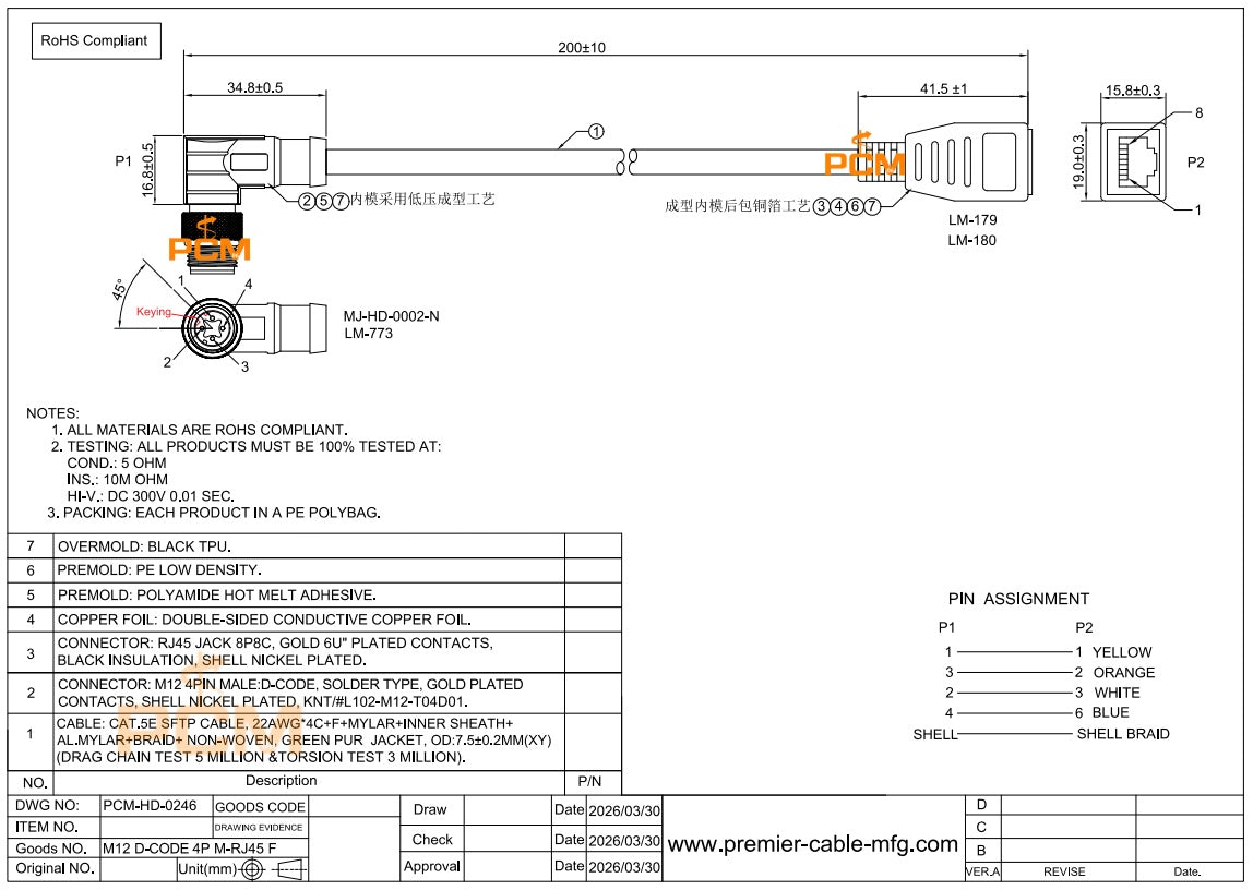 Right Angle M12 D-Coded to RJ45 Female Profinet Cable