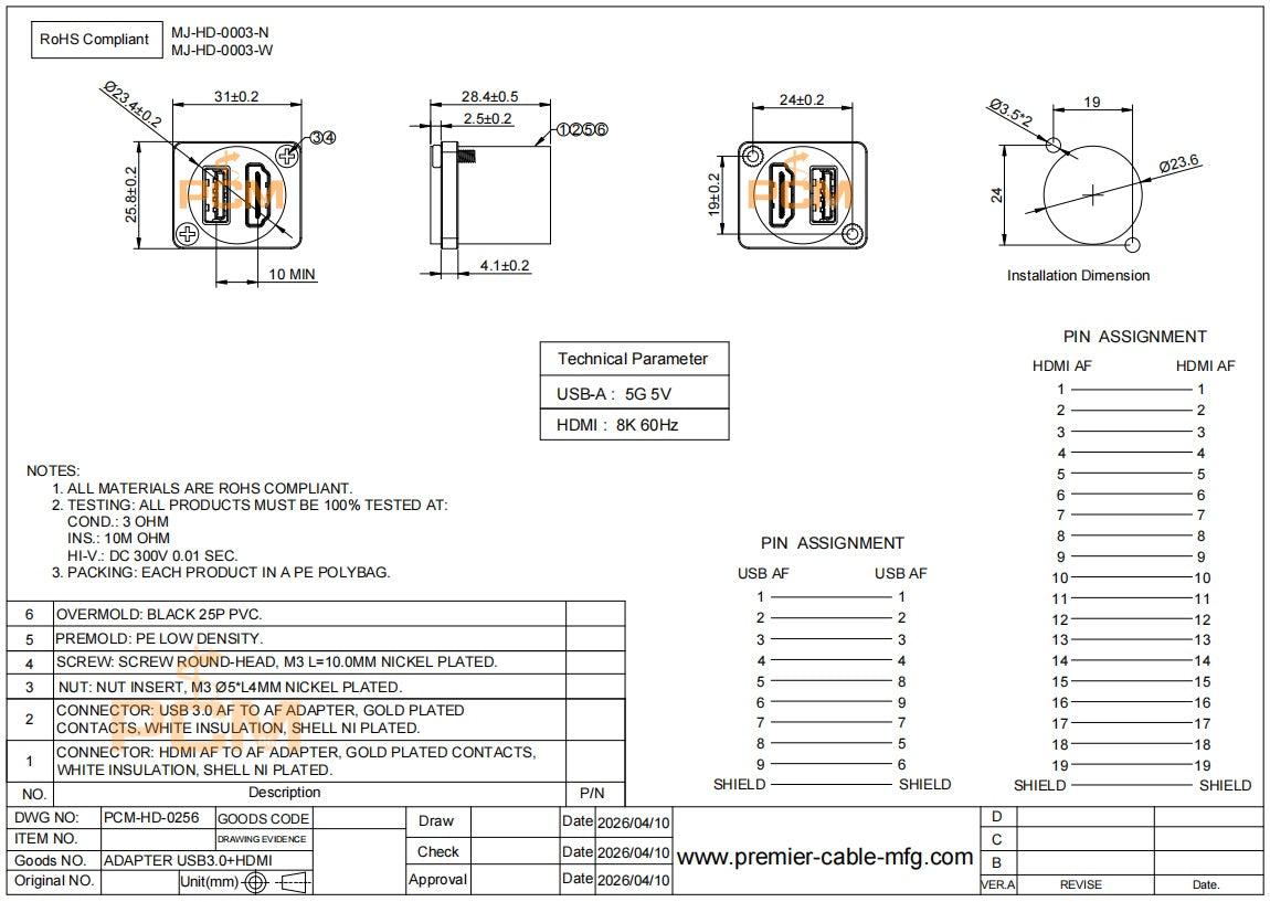 USB 3.0 Type-A HDMI D-Series Panel Mount Adapter
