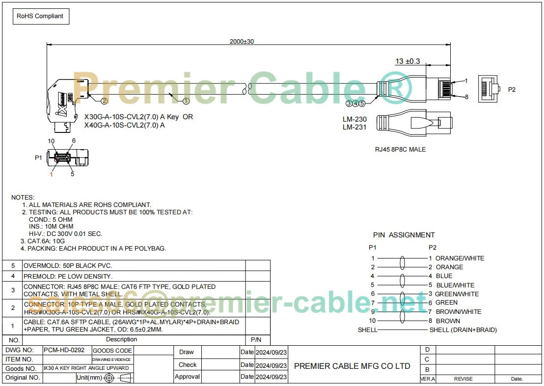 Right Angle Up ix A Plug to RJ45 Plug Industrial Category 6a Ethernet Cable 2m