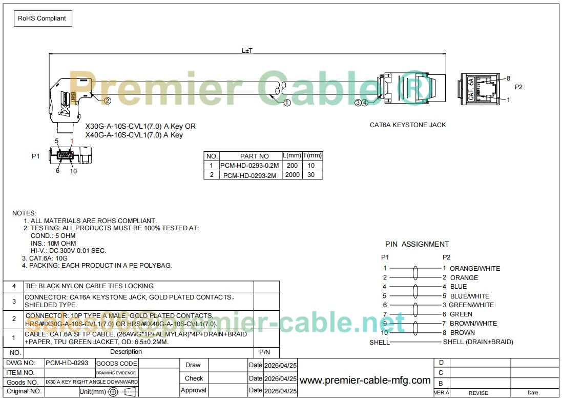 90° Down Angled IX A Key to RJ45 Jack Industrial Ethernet Cat6a Cable