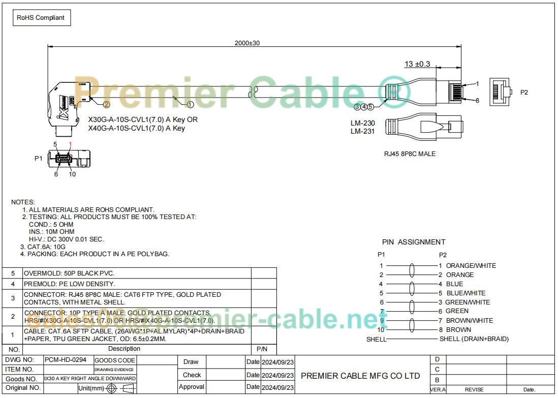 Industrial Ethernet Cat6a Cable 90° Right Angle Down ix A Plug to RJ45 Plug 2m
