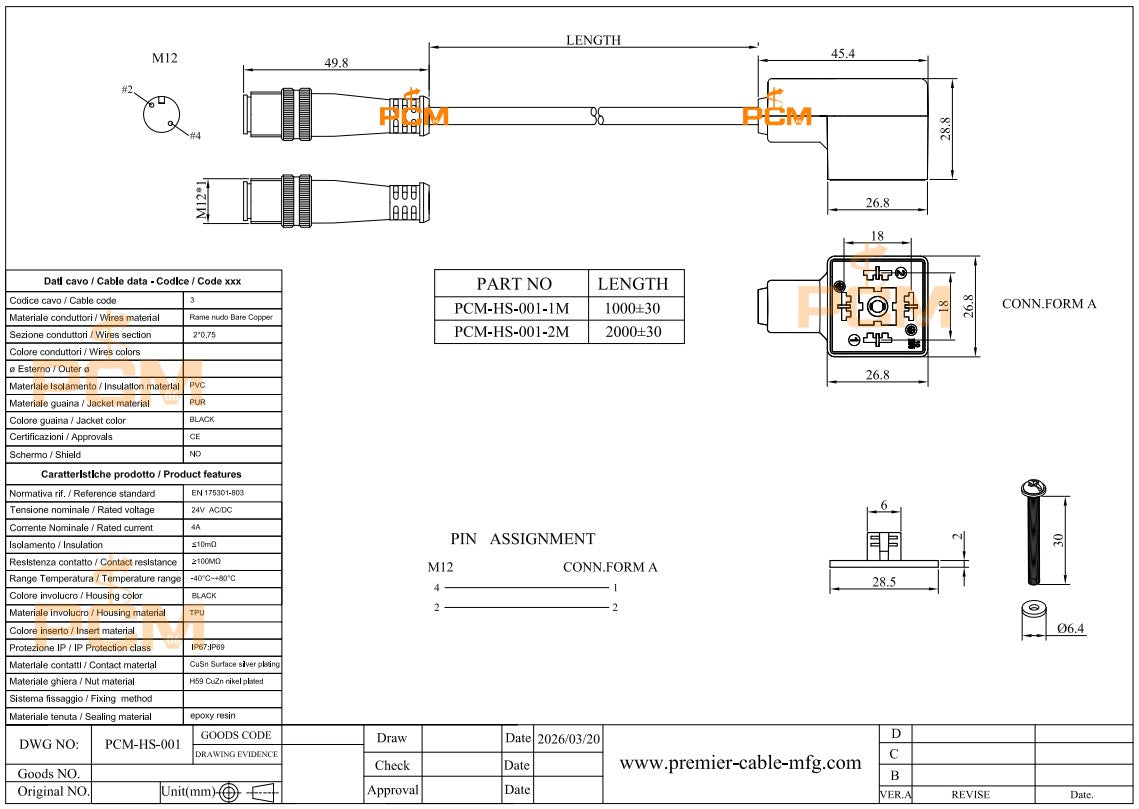 M12 to DIN 43650 Form A 2 Pole Solenoid Valve Cordset