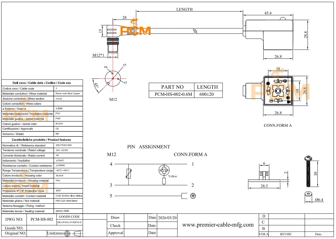 Right Angle M12 to DIN Form A Solenoid Valve Adapter Cable 3 Pole with LED