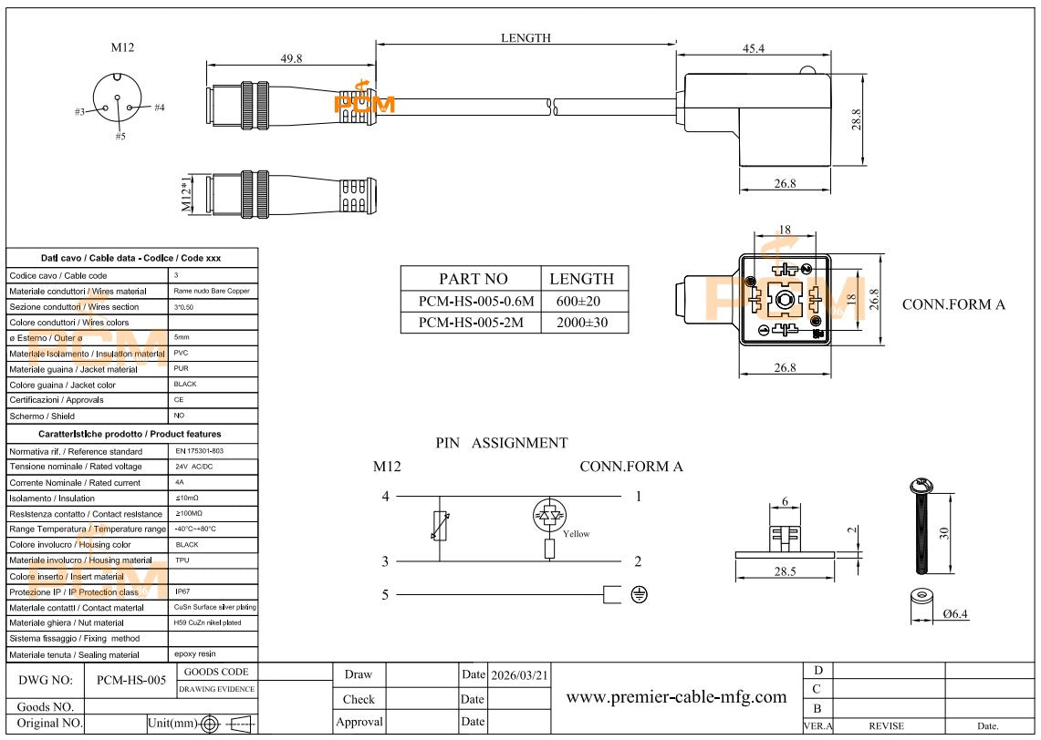 DIN 43650 Form A to M12 Adapter Cable with LED