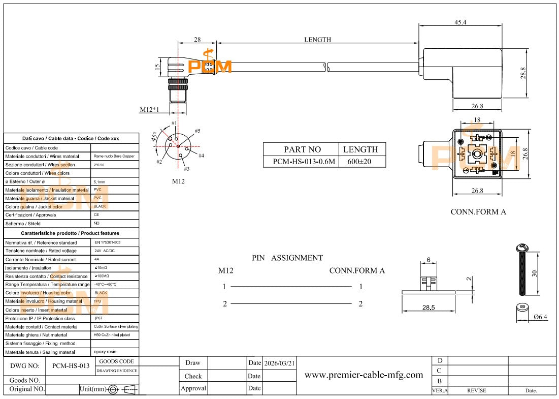 Form A DIN 43650 to M12 A Code 5 Pin Adapter Cable