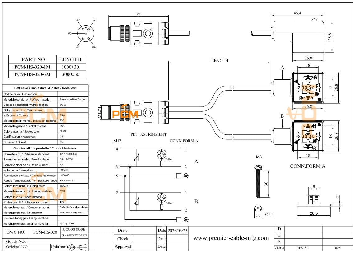 Compatible ifm E70203 E12068 M12 to Dual DIN Form A Valve Cable