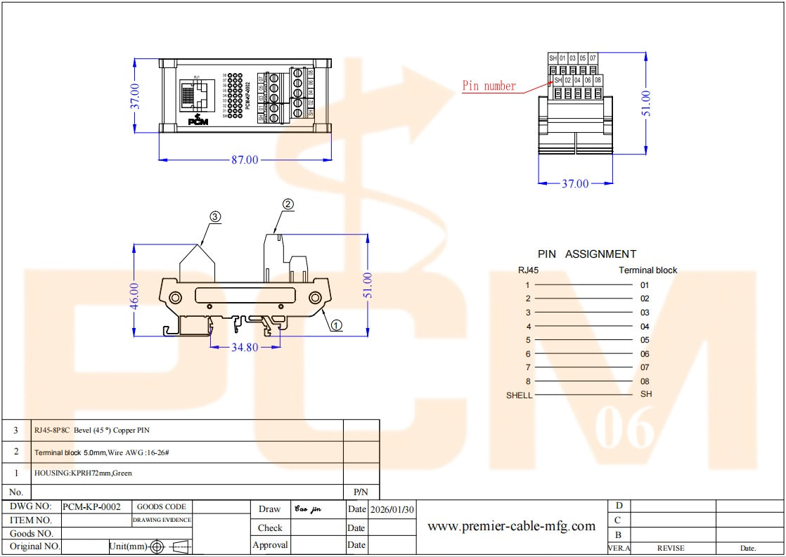 DIN Rail RJ45 Terminal Block Adapter 45 Degree