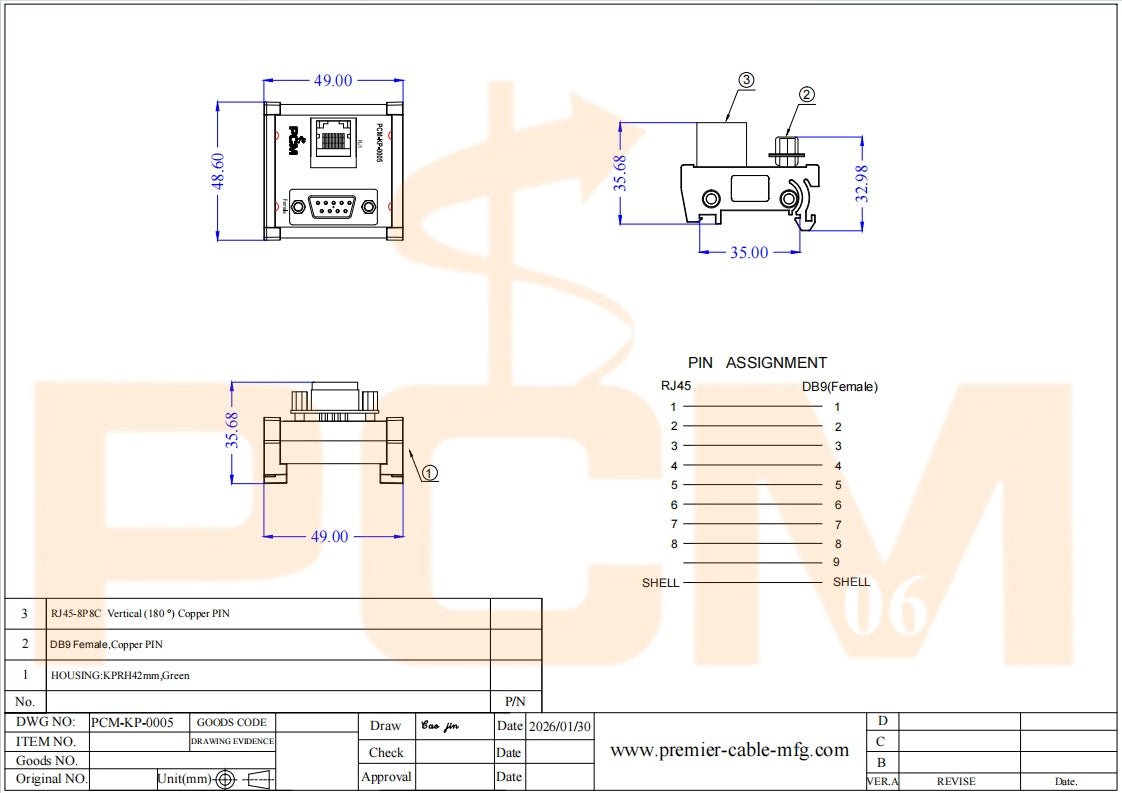 DIN Rail RJ45 to DB9 Female Terminal Block Breakout Board