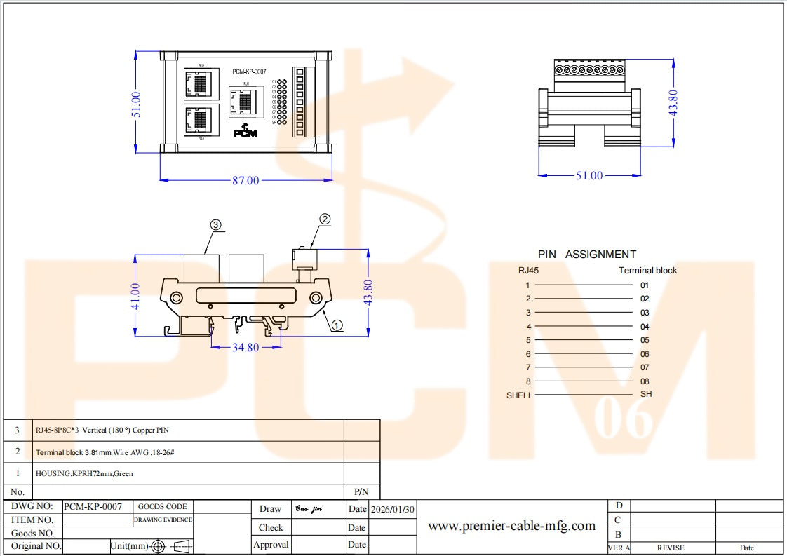 DIN Rail 3-Way RJ45 to Terminal Block Adapter
